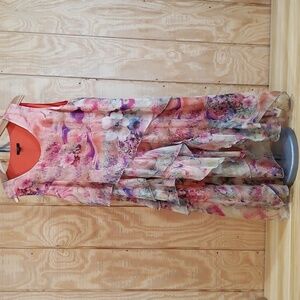 Floryday Orange Pink Floral Multi Tiered Sleeveless Dress Size XL